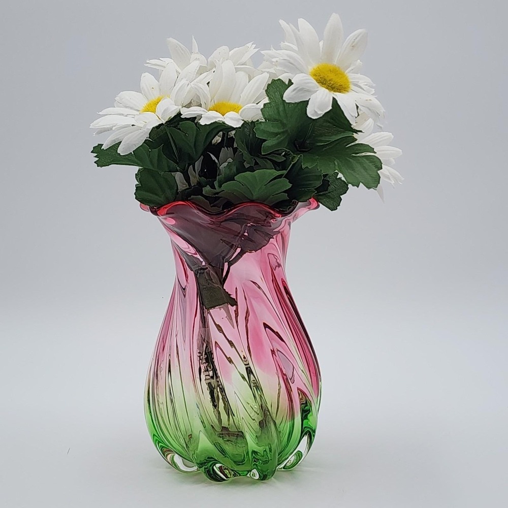 Vintage Teleflora Vase Hand Blown Glass Pink to Green Swirl & Ruffled Rim 7.5"